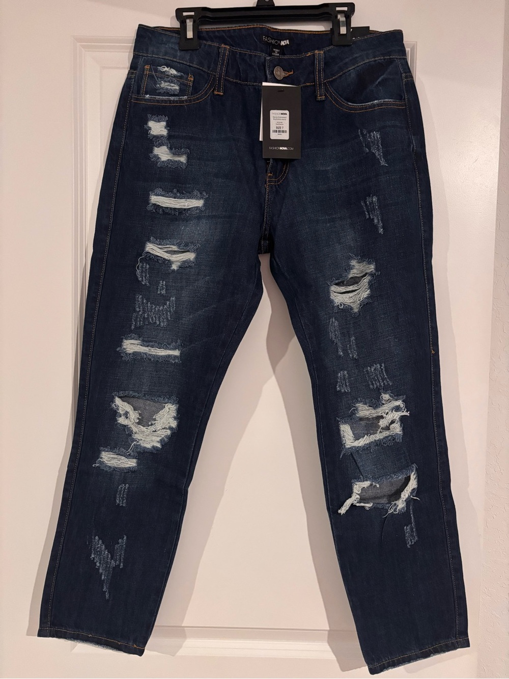 Fashion Nova Men Distressed Dark Blue Relaxed Jeans